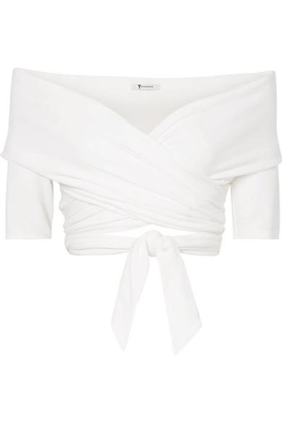 Shop Alexander Wang T Off-the-shoulder Wrap-effect Stretch-modal Jersey Top In White