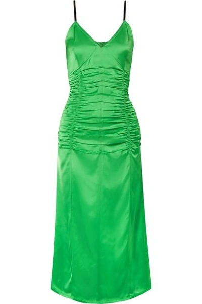 Shop Helmut Lang Ruched Stretch-satin Midi Dress In Green