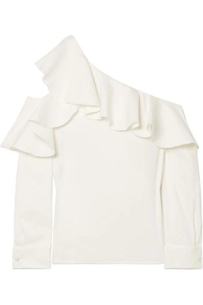 Shop Oscar De La Renta Ruffled One-shoulder Stretch-silk Crepe Top In White