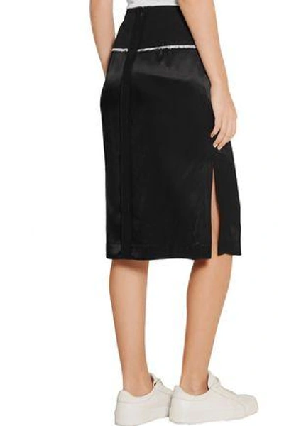 Shop Dkny Woman Wool Twill-trimmed Satin Pencil Skirt Navy