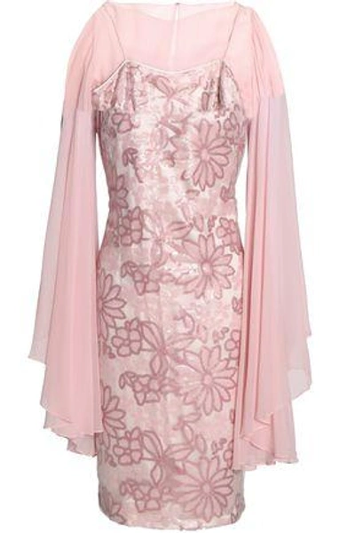 Shop Mikael Aghal Woman Silk Chiffon-paneled Sequined Tulle Dress Pastel Pink