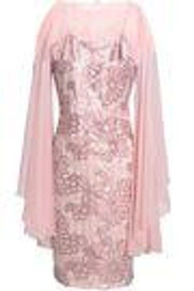 Shop Mikael Aghal Woman Silk Chiffon-paneled Sequined Tulle Dress Pastel Pink