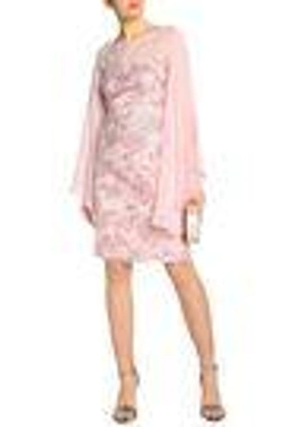 Shop Mikael Aghal Woman Silk Chiffon-paneled Sequined Tulle Dress Pastel Pink