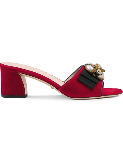 Shop Gucci Velvet Mid-heel Slides With Bee - Red