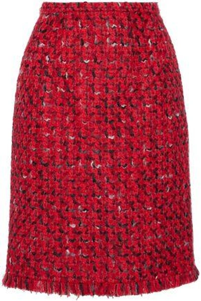 Shop Oscar De La Renta Wool And Cotton-blend Bouclé-tweed Skirt In Red