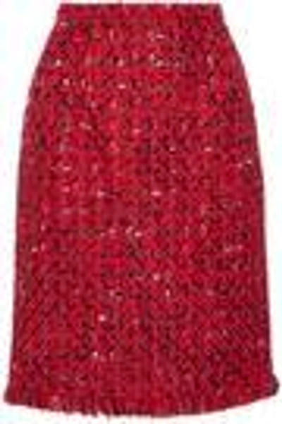 Shop Oscar De La Renta Wool And Cotton-blend Bouclé-tweed Skirt In Red