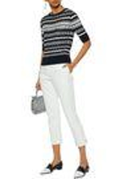 Shop Oscar De La Renta Woman Striped Crochet-knit Sweater Navy