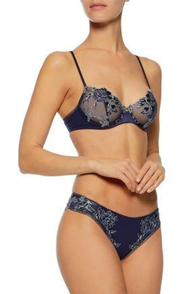 Shop La Perla Woman Metallic Lace And Satin Underwired Bra Navy