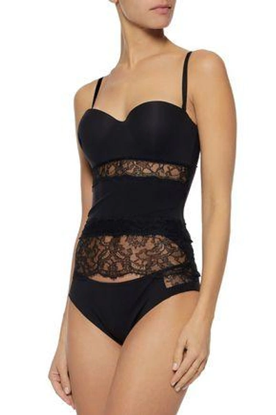 Shop La Perla Woman Corded Lace-paneled Stretch-knit Corset Black