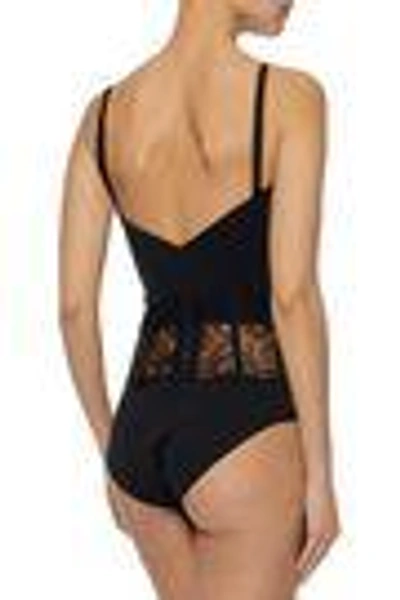 Shop La Perla Woman Corded Lace-paneled Stretch-knit Corset Black