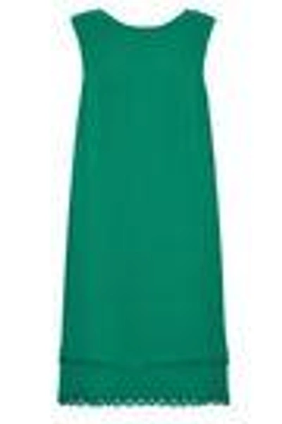 Shop Oscar De La Renta Woman Laser-cut Faux Leather-trimmed Virgin Wool-blend Dress Green