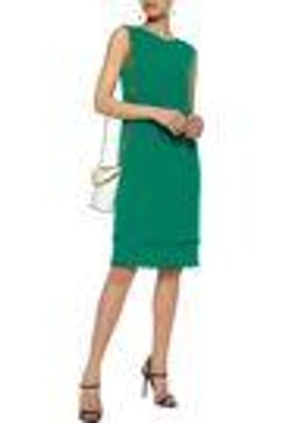Shop Oscar De La Renta Woman Laser-cut Faux Leather-trimmed Virgin Wool-blend Dress Green