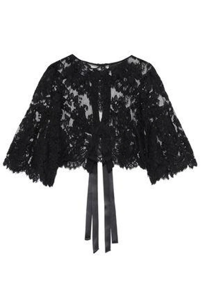 Shop Oscar De La Renta Bow-embellished Cotton Corded Lace Top In Black