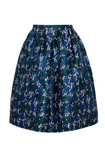 Shop Oscar De La Renta Woman Pleated Silk And Cotton-blend Jacquard Skirt Navy