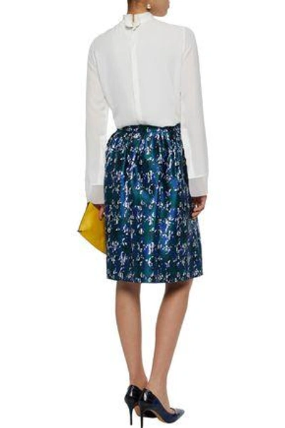 Shop Oscar De La Renta Woman Pleated Silk And Cotton-blend Jacquard Skirt Navy