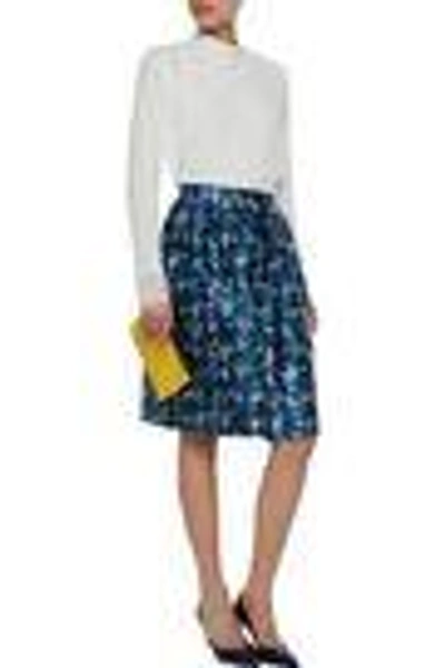 Shop Oscar De La Renta Woman Pleated Silk And Cotton-blend Jacquard Skirt Navy
