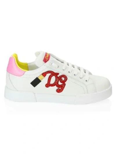 Shop Dolce & Gabbana Embroidered Leather Trainers In White Pink