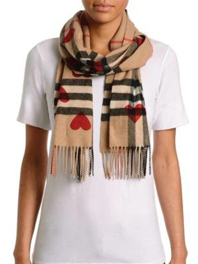 Shop Burberry Heart-print Giant Check Cashmere Scarf In Red