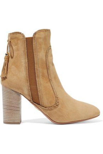 Shop Aquazzura Woman Tristan Fringed Suede Ankle Boots Tan