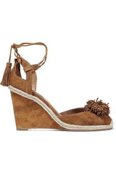 Shop Aquazzura Sunshine Pompom-embellished Suede Wedge Sandals In Brown