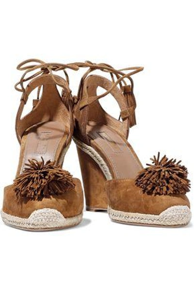 Shop Aquazzura Sunshine Pompom-embellished Suede Wedge Sandals In Brown