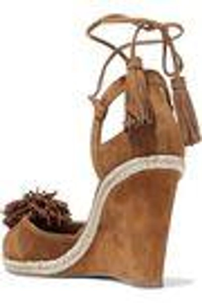 Shop Aquazzura Sunshine Pompom-embellished Suede Wedge Sandals In Brown