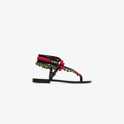 Shop Álvaro González Álvaro Green Androna Pom Pom Leather Sandals In Black