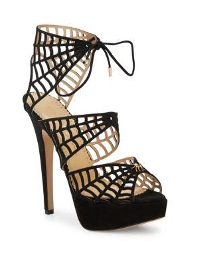 Shop Charlotte Olympia Caught In Charlotte's Web Suede Platform Sandals In Black