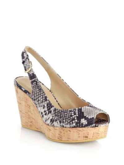 Shop Stuart Weitzman Snake-embossed Slingback Peep-toe Cork Wedges In Natural