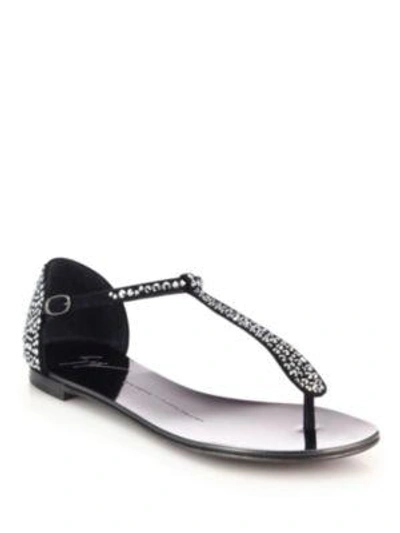Shop Giuseppe Zanotti Crystal-studded Suede Thong Sandals In Pewter