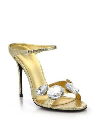 Shop Giuseppe Zanotti Jeweled Metallic Leather Slide Sandals In Gold