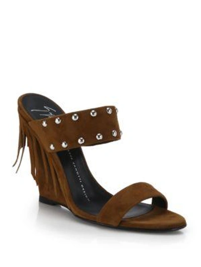 Shop Giuseppe Zanotti Fringed Suede Wedge Sandals In Brown