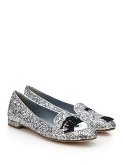 Shop Chiara Ferragni Flirting Wink Glitter Flats In Silver