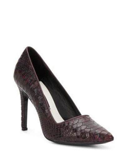 Shop Alice And Olivia Dina Croc-embossed Leather Pumps In Bordeaux