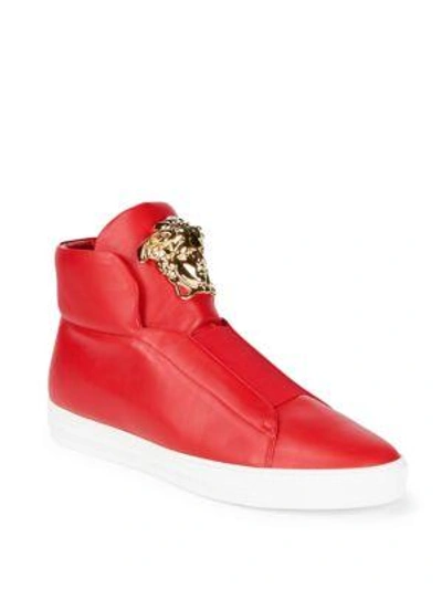 Shop Versace Hi-top Leather Sneakers In Cardinal Red