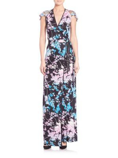 Shop Diane Von Furstenberg Embroidered Printed-silk Wrap Gown In Floral Multi