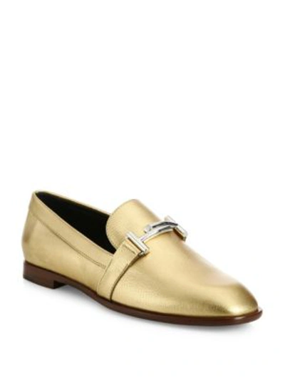 Shop Tod's Double T Metallic Leather Loafers In Gold