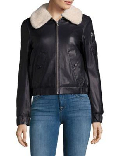 Shop See By Chloé Fur Collar Leather Bomber Jacket In Navy