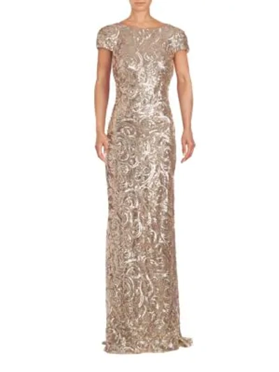 Shop Badgley Mischka Sequined Cowl-back Gown In Blush