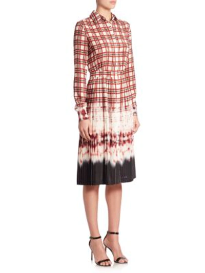 Shop Altuzarra Maria Pleated Plaid & Tie-dye Shirtdress In Medium Red