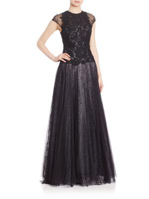Monique Lhuillier Lace Bodice Full Gown In Black | ModeSens