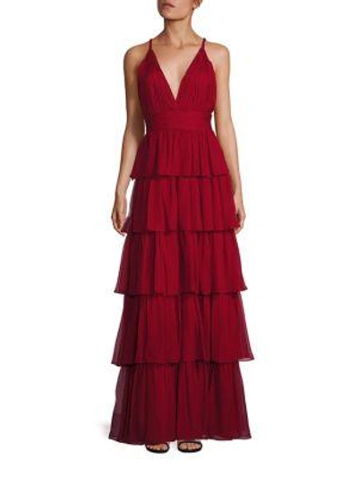 Shop Alice And Olivia Gianna Braid-strap Tiered Gown In Bordeaux