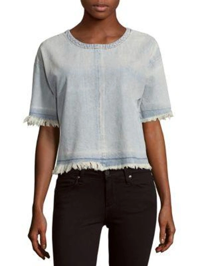 Shop J Brand Cotton-blend Short-sleeve Frayed Top In Blue