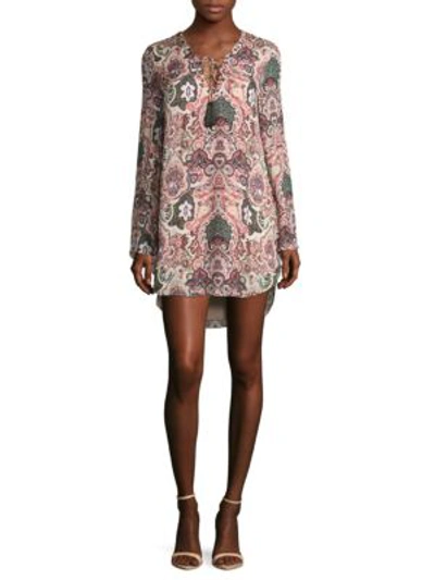 Shop Haute Hippie Crisscross Neck Long-sleeve Printed Hi-lo Dress In Pink Multi