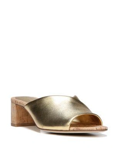 Shop Diane Von Furstenberg Faleria Metallic Leather Cork Block-heel Mules In Gold