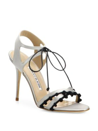 Shop Manolo Blahnik Esparra Pom-pom Front-tie Sandals In Silver