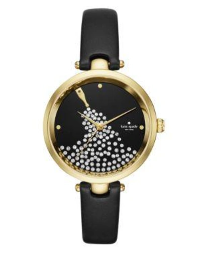 Shop Kate Spade Holland Goldtone Stainless Steel Champagne Bottle Leather Strap Watch In Black