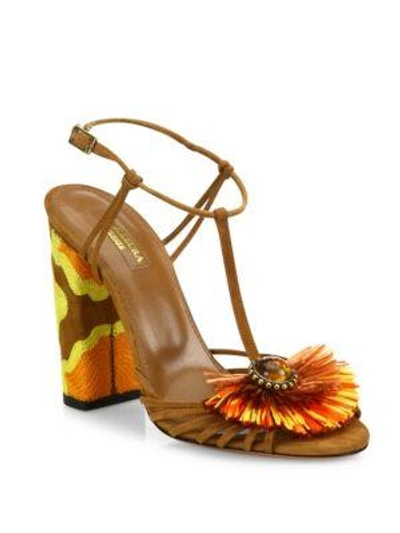 Shop Aquazzura Samba Embellished Suede Block Heel Sandals In Cognac