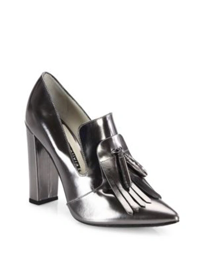 Shop Alice And Olivia Cade Kilted Metallic Leather Point Toe Pumps In Gunmetal