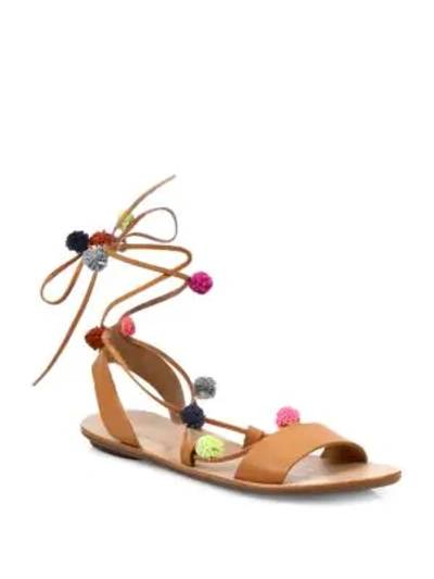 Shop Loeffler Randall Saskia Pom-pom Leather Lace-up Sandals In Light Brown